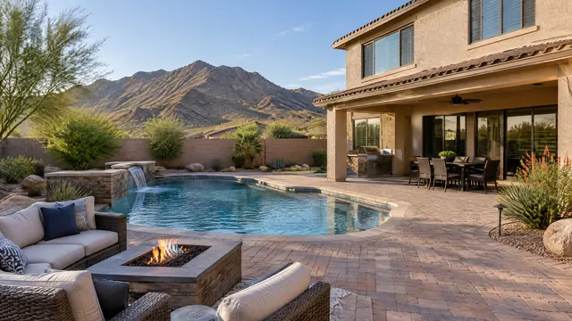 Backyard paver patio and pool deck at a two-story stucco home in Ahwatukee, Phoenix with South Mountain foothills behind