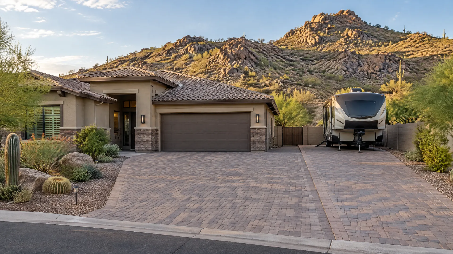 Paver driveway extension and side RV pad at a home in the Deer Valley area of north Phoenix with rocky desert hills behind