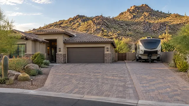 Paver driveway extension and side RV pad at a home in the Deer Valley area of north Phoenix with rocky desert hills behind