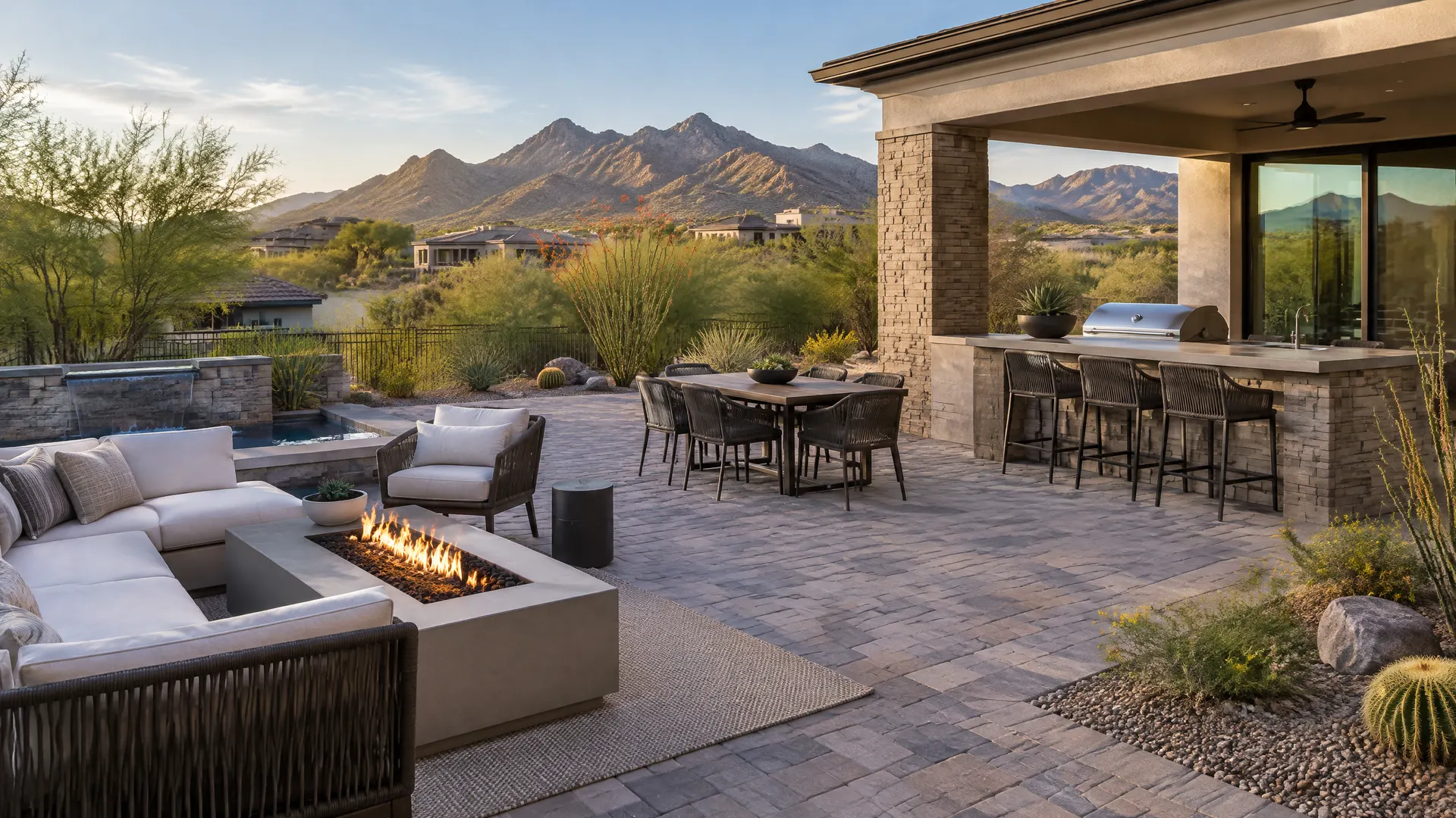 Modern paver patio and outdoor kitchen at a newer home in the Desert Ridge area of north Phoenix with low desert plants and McDowell-style mountains