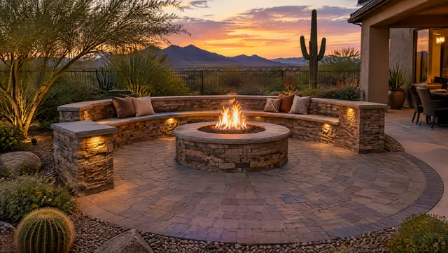 Round paver patio with a built-in stone veneer fire pit and curved seat walls with cap stones, at dusk with a warm fire glow and desert landscaping