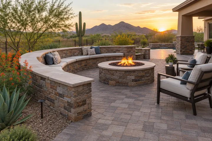 Curved seat wall with cap stones wrapping a paver patio