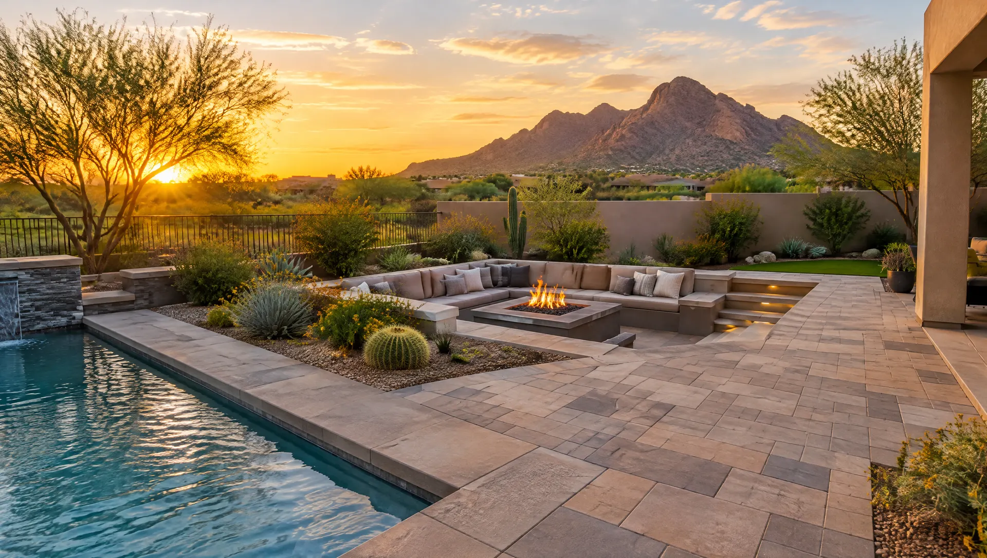 Wide backyard in Phoenix with a newly installed tan and gray concrete paver patio, a sunken fire pit seating area, low desert plants, a pool edge and Camelback-style desert mountains at golden hour
