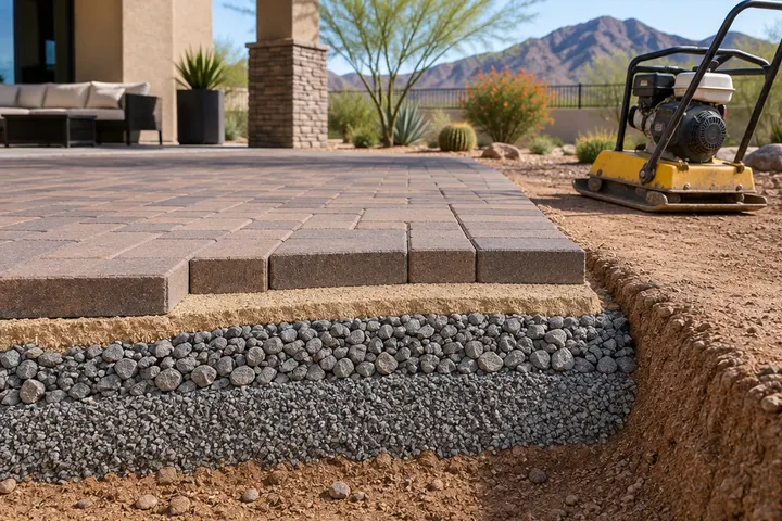 Cutaway of a paver installation showing compacted aggregate base layers, sand bedding and pavers on top, beside a plate compactor