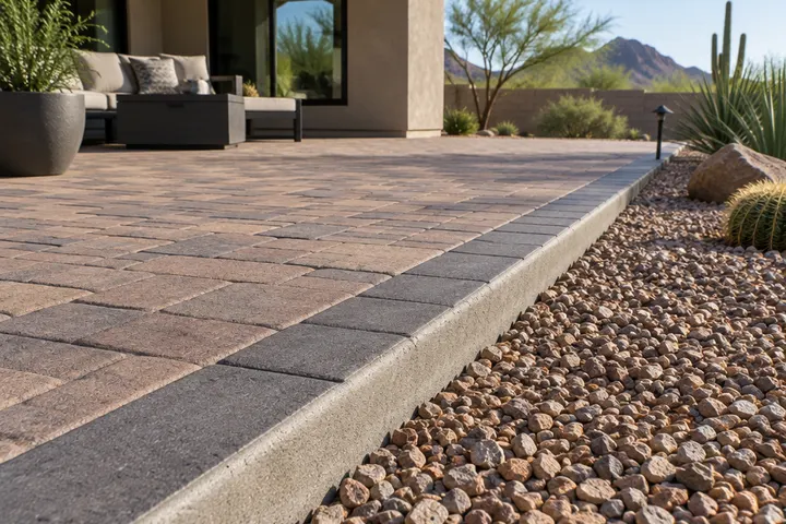 Concrete edge restraint along the border of a new paver patio, holding a soldier course in place next to desert gravel