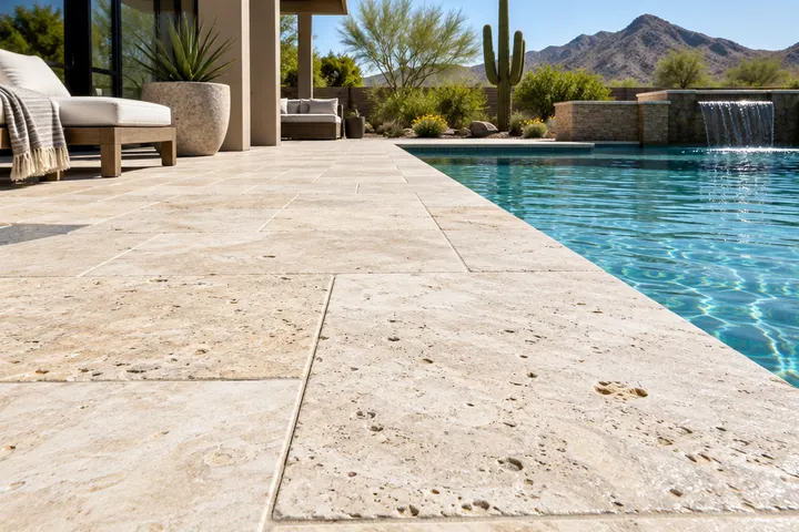 Low-angle view of light ivory travertine pool deck pavers in bright sun next to a pool