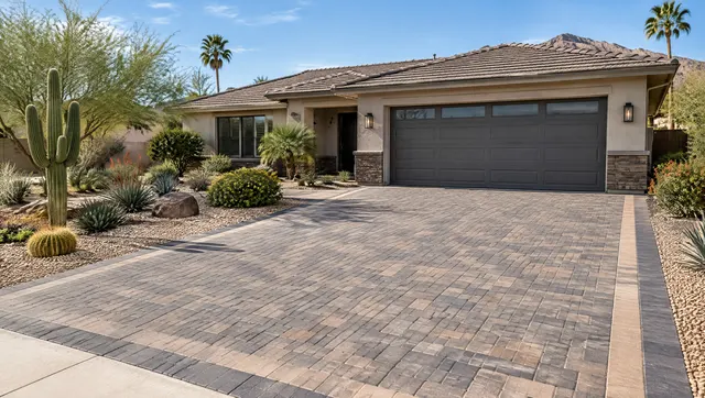 Wide new paver driveway in front of a single-story Phoenix ranch home with a two-car garage, charcoal and sand pavers with a contrasting border, desert front yard landscaping