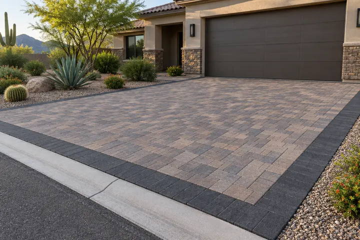 Paver driveway with a dark charcoal border band meeting the street curb