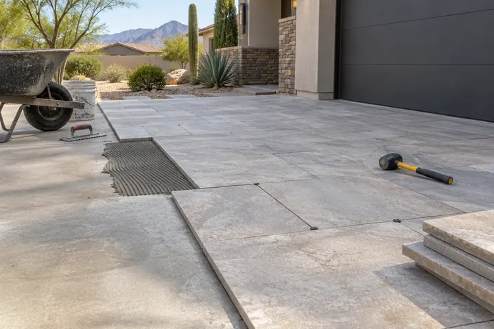 Thin pavers being installed over an existing concrete driveway
