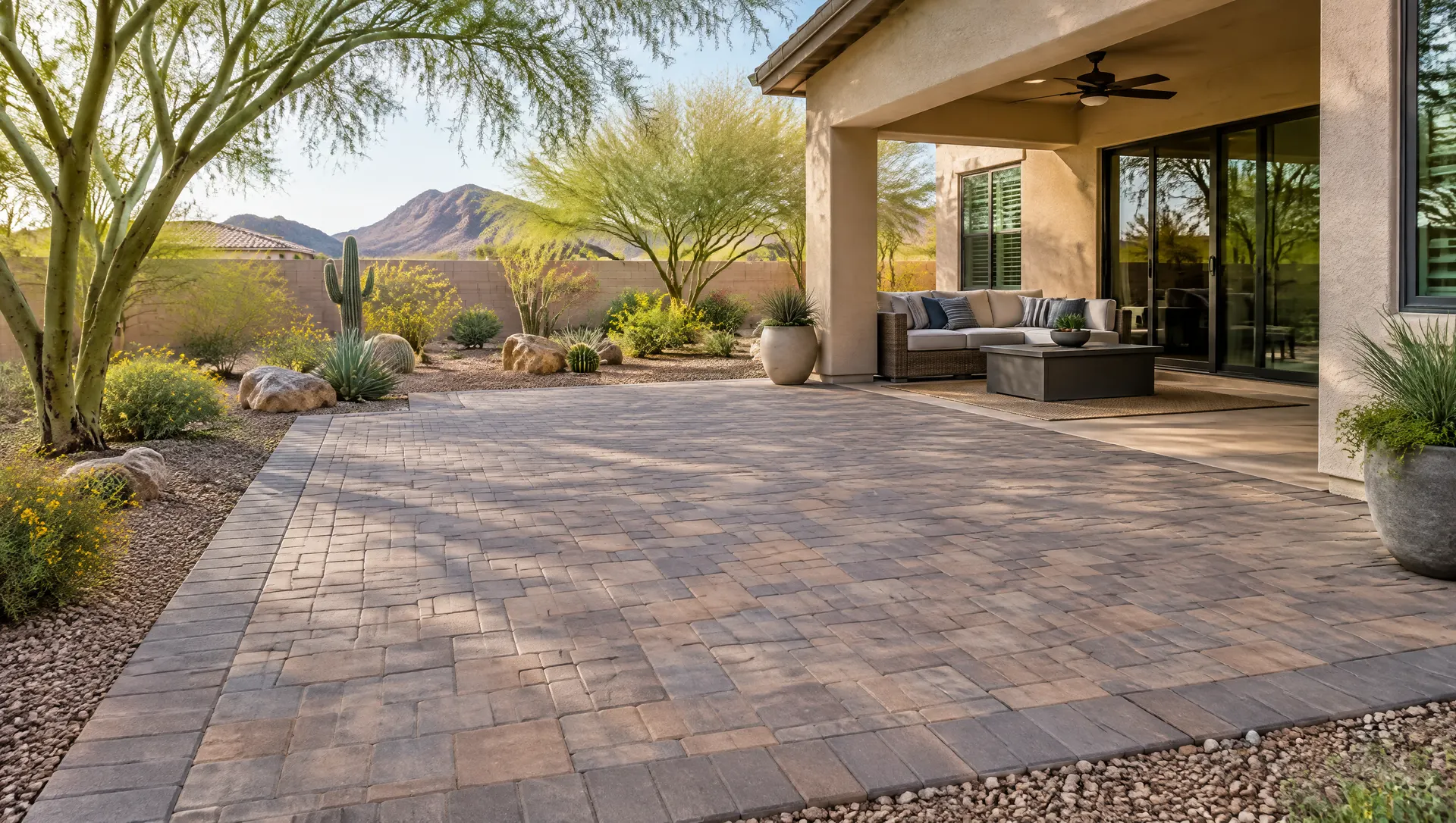 Freshly installed interlocking concrete paver patio behind a stucco Phoenix home, crisp soldier-course border, clean joints swept with sand, desert landscaping and palo verde trees