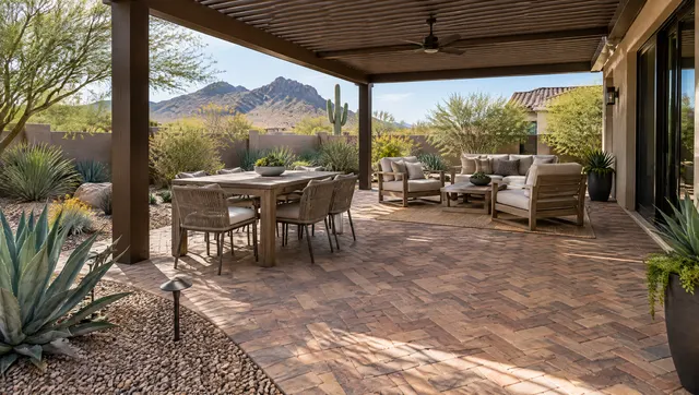 Large paver patio under a shade pergola with outdoor dining table and lounge chairs, warm blend pavers in a herringbone pattern, gravel and agave beds around it