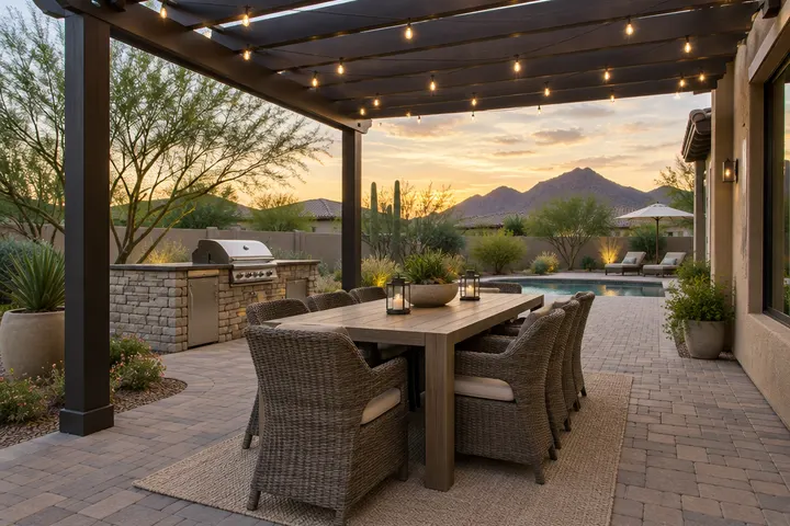 Outdoor dining area on pavers under a pergola with string lights