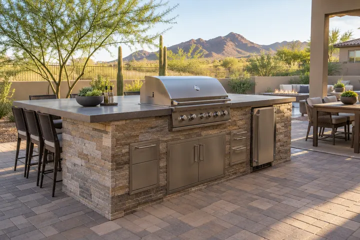 Outdoor kitchen island with a built-in grill on a paver patio