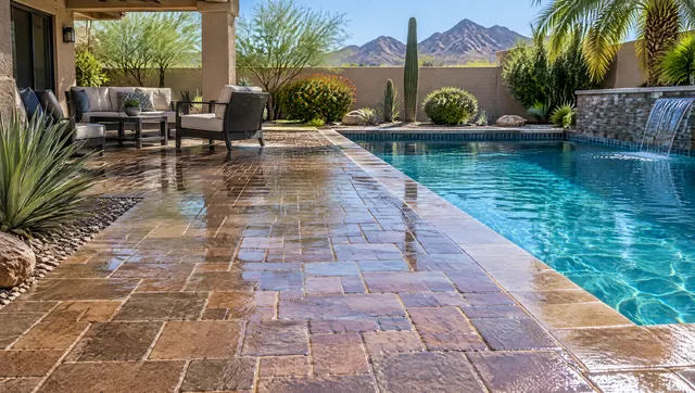 Freshly cleaned and sealed paver patio with rich restored color and new joint sand, a wet-look sheen, beside a pool in a Phoenix backyard