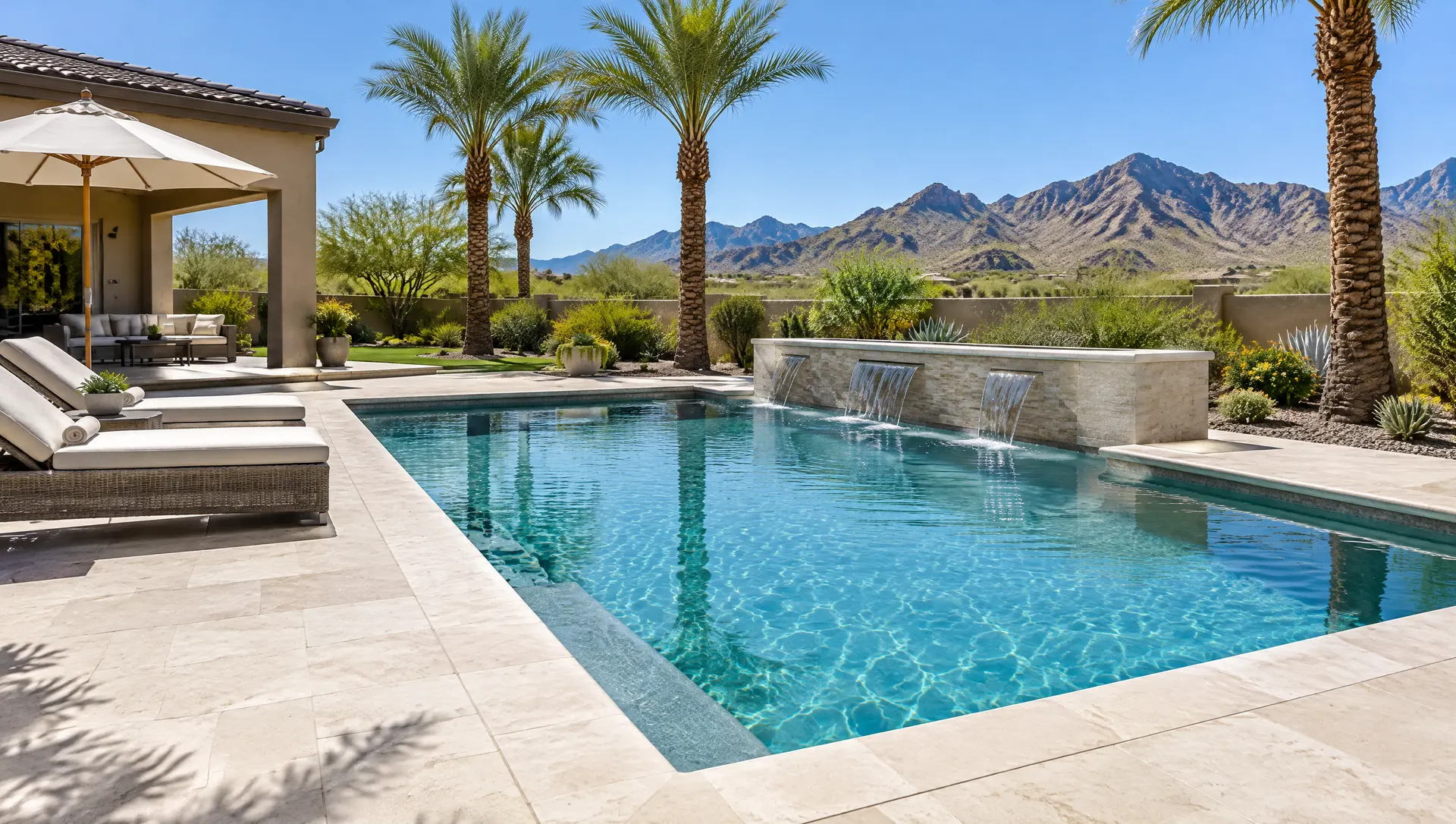 Backyard pool surrounded by light ivory travertine pavers with bullnose coping, lounge chairs, palm trees and desert mountains in the distance under a clear blue sky