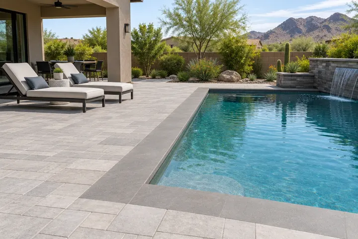 Light gray concrete paver pool deck with a contrasting coping edge