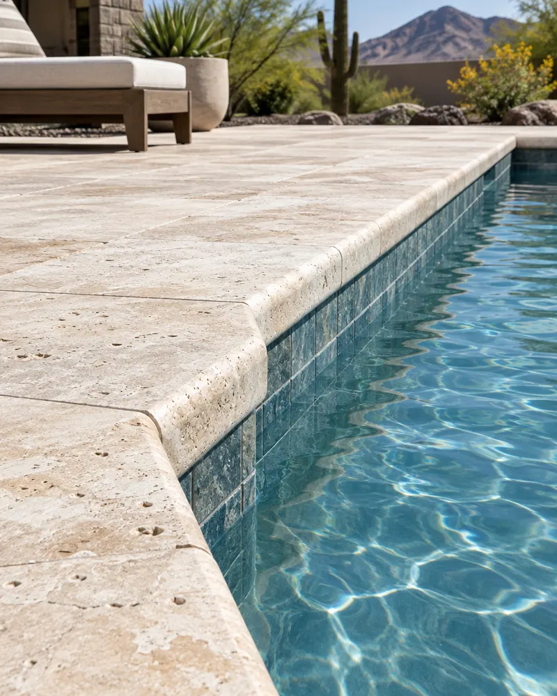 Ivory travertine pool coping and deck pavers meeting the pool tile line, close up